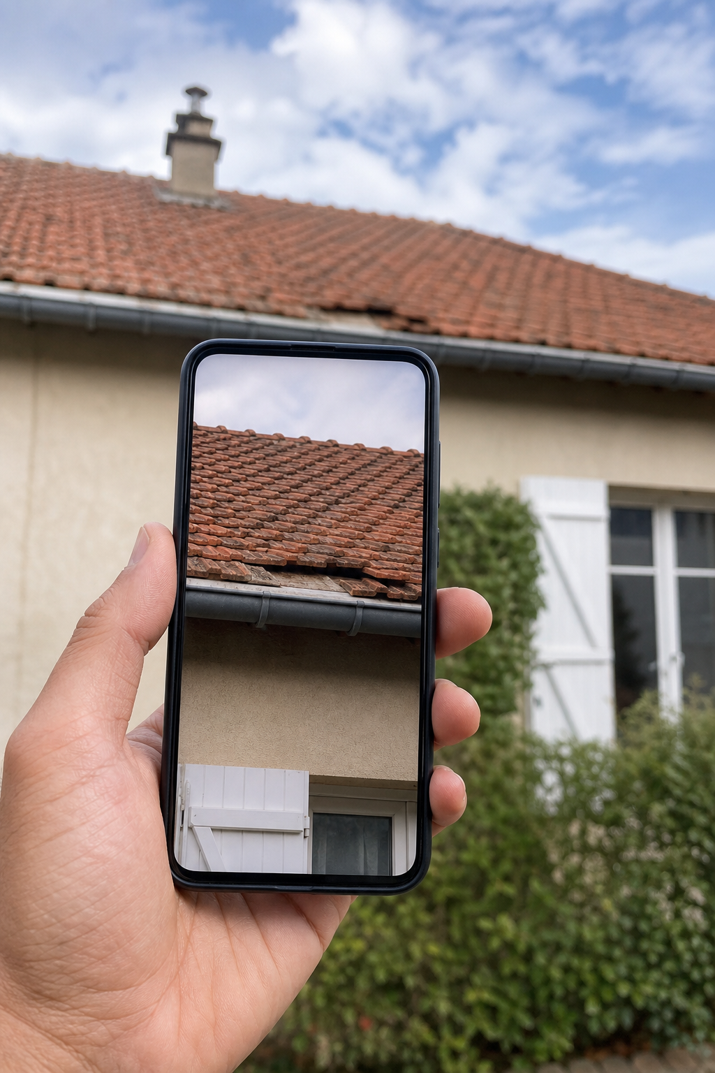 Main qui prend une toiture en photo avec un téléphone